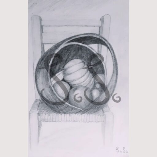 Chair with fruits still life drawing