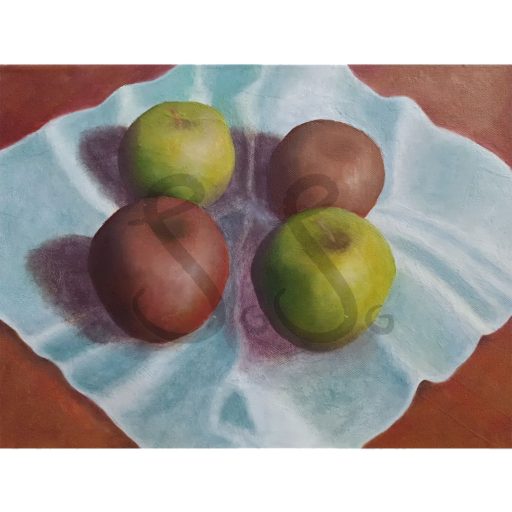 Apples in white fabric – oil painting on canvas 28cm x 40cm